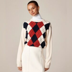 NWT J Crew Perfect Cashmere Crewneck Sweater in Argyle Size Small $248 CO323
